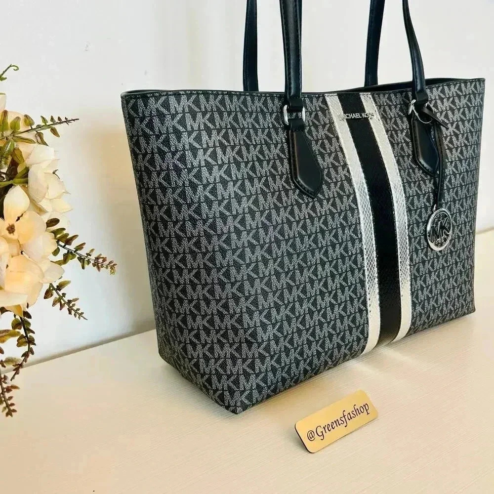Michael Kors Sheila Large Signature Logo and Metallic Tote Bag Black - Picture 3 of 10